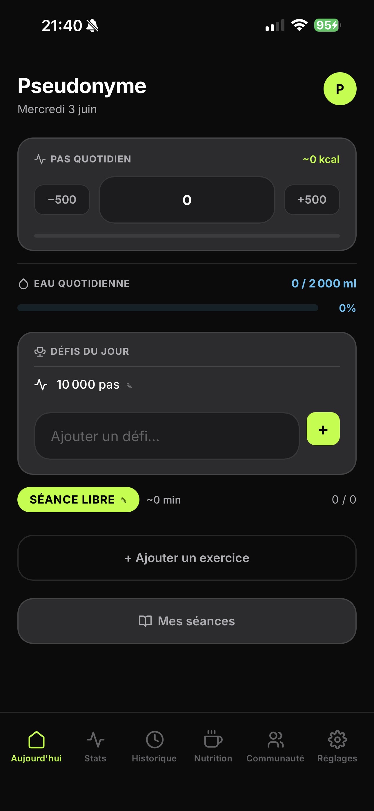 Écran Aujourd'hui de NovaGYM