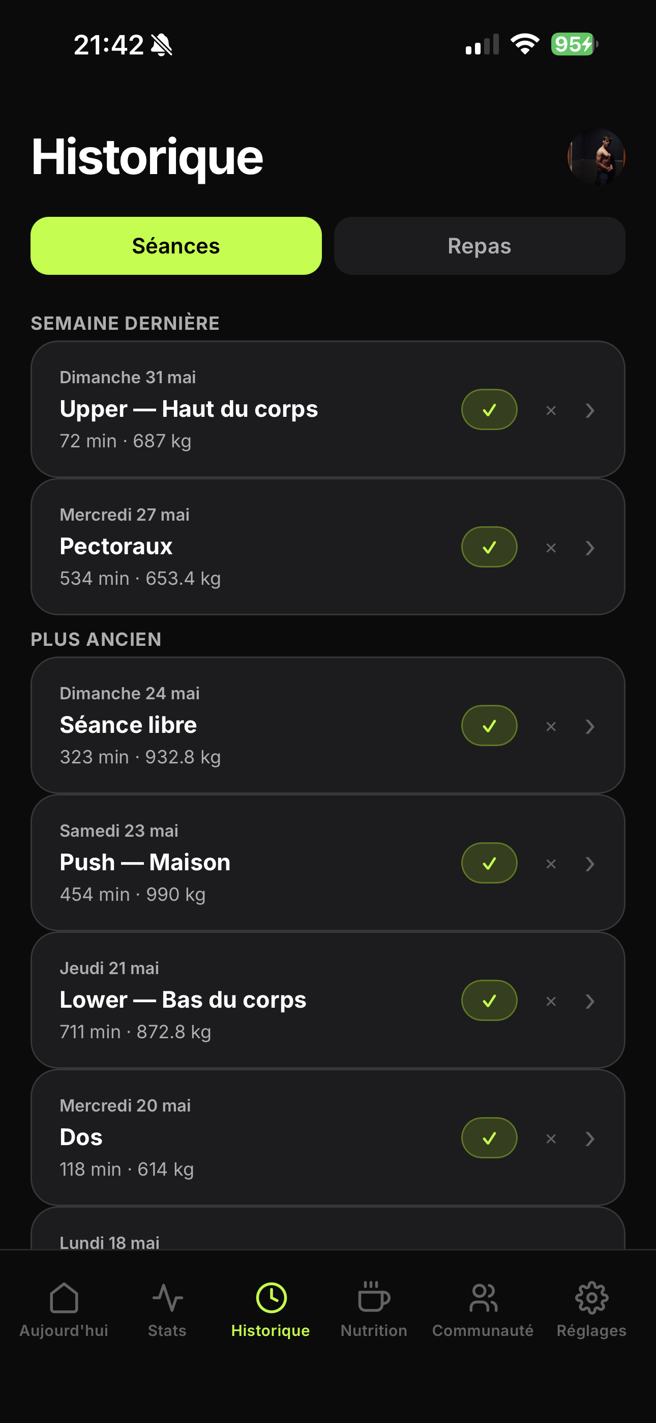 Historique des séances